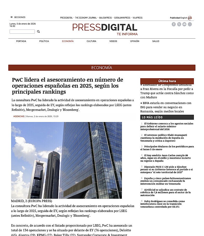 PwC lidera el asesoramiento en n�mero de operaciones espa�olas en 2025, seg�n los principales rankings